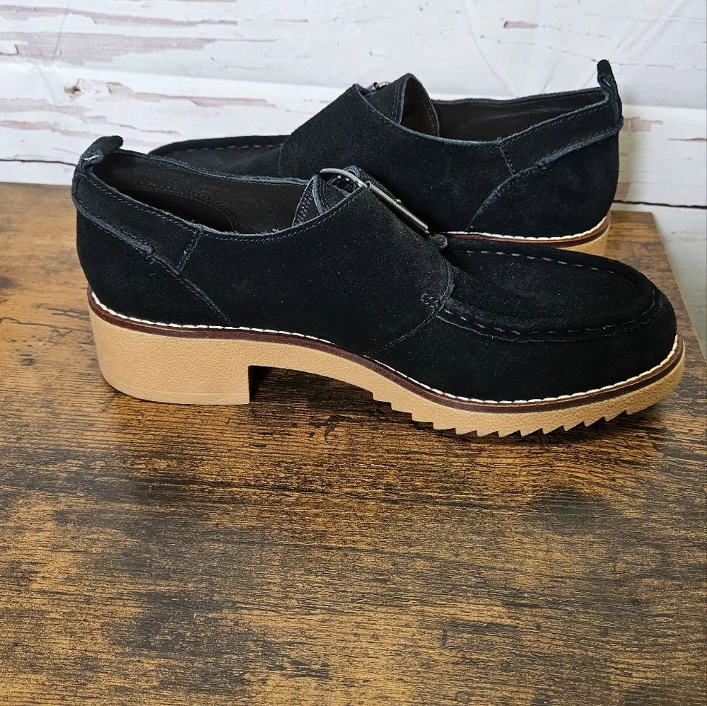 Clarks Black Suede Platform Loafers with Tan Lug Sole and Buckle